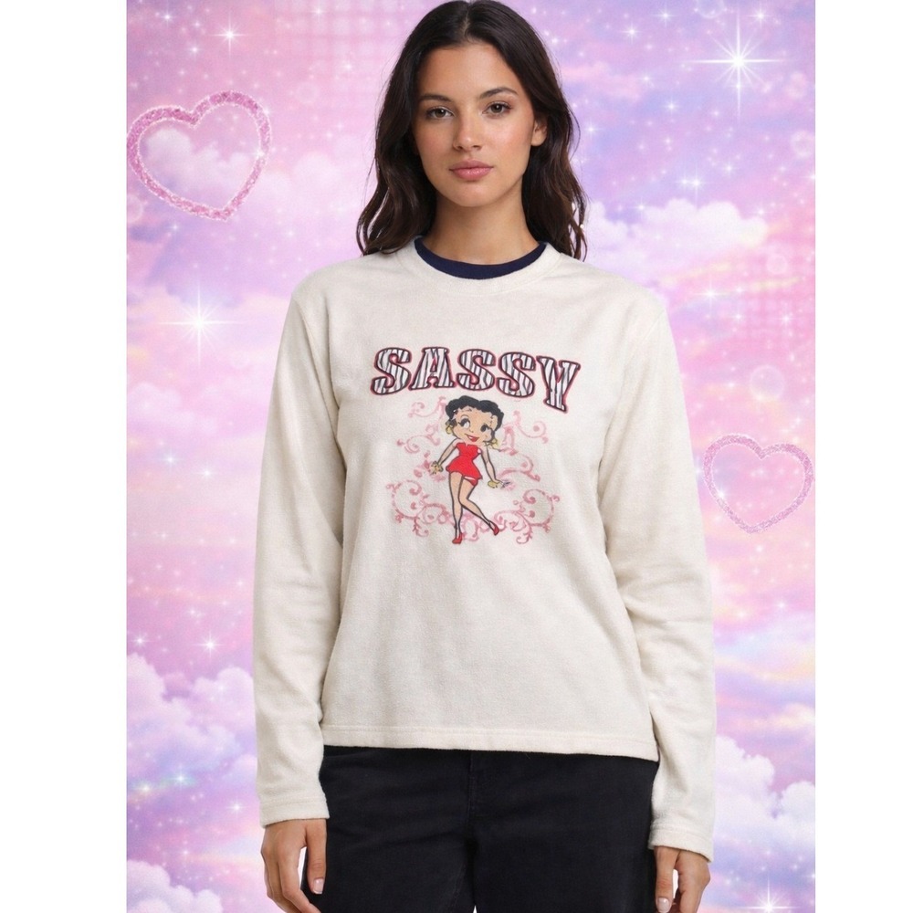 Betty Boop Sassy Fleece Sweatshirt Long Sleeve Cream 90s‎ Y2K Size L